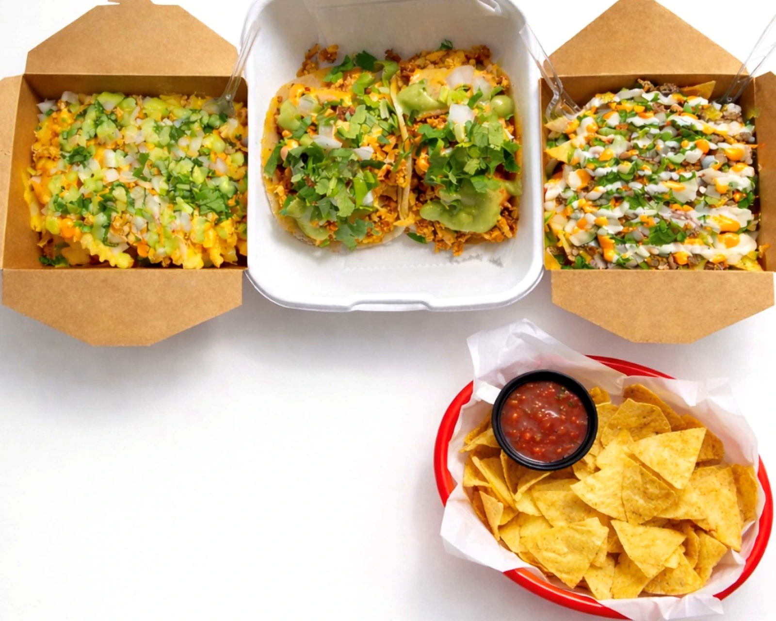 Flaco’s real tacos, loaded fries, chips and salsa from its public ordering menu