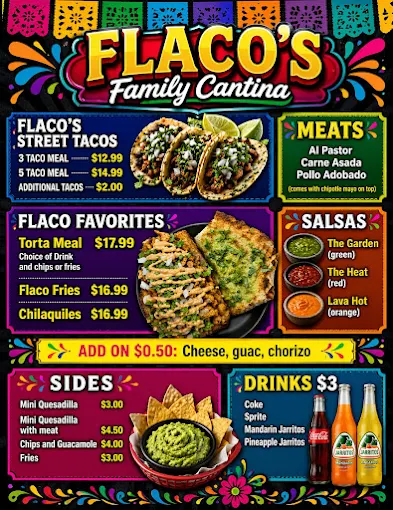 Flaco's Family Cantina menu flyer